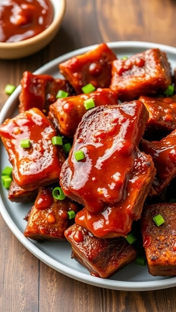 Crispy air fryer pork belly burnt ends coated in barbecue sauce, garnished with green onions on a rustic table.